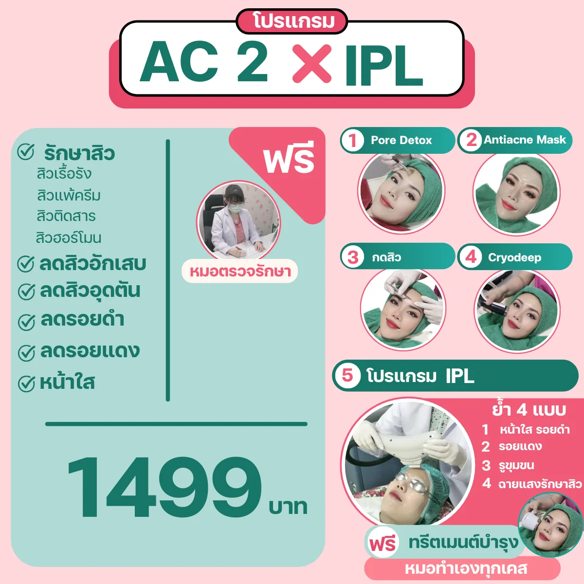 โปรโมชั่นรักษาสิวรายครั้ง โคราช AC 2 X IPL CELLEC V 1,499 บาท วรวลัญช์ คลินิก