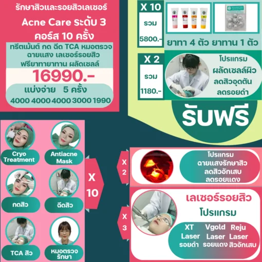 โปรโมชั่นคอร์สรักษาสิวและเลเซอร์รอยสิว ระดับ 3 ราคา 16,990 บาท วรวลัญช์ คลินิก โคราช